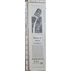 1932 Morton's Salt Original Print Ad When It Rains It Pours Vintage 13.5x3.25